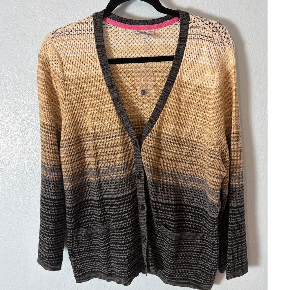 Isaac Mizrahi Live Ombre Pointelle Knit Cardigan Yellow Grey XL Casual Layering